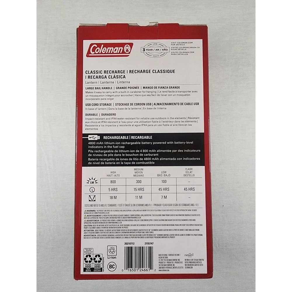 Coleman Lantern‎ Classic Rechargeable 800 Lumen LED IPX4 Water Resistant Durable